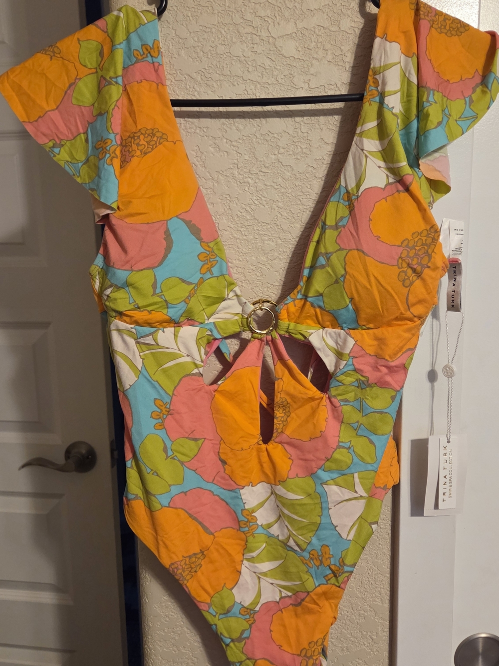 Trina Turk Pink Multi Color Flutter Sleeve 1 Piece Swim